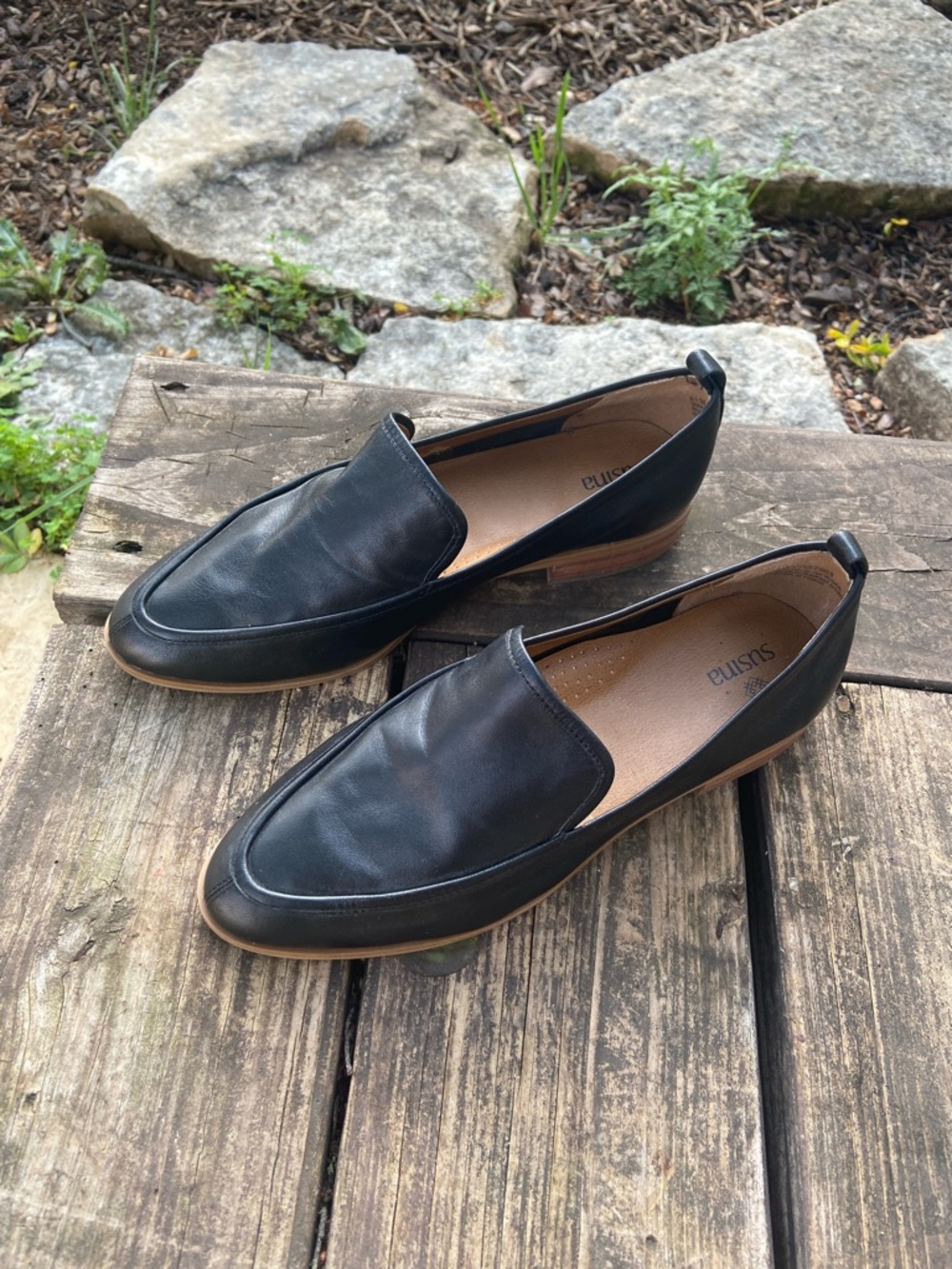 Susina Black Leather Slip-On Loafers with Tan Sole